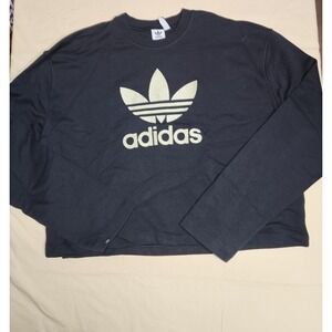 Adidas Sweater Women Medium Black Trefoil Velour Logo Crew Neck Pullover